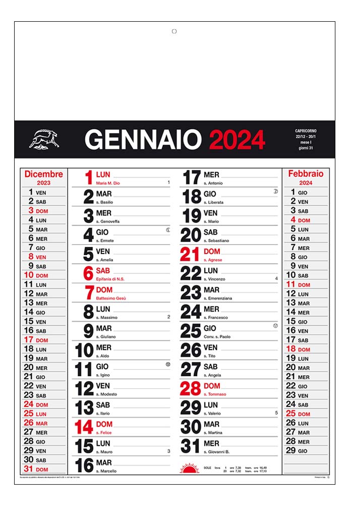 Calendario 2024 da muro mensile, 12 fogli,su cartapatinata, termosaldato  Testi in italiano - Calendari - Notes Stampati