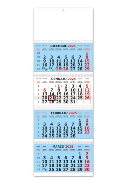 Calendario quadrittico 2025 per aziende in azzurro, rosso e nero