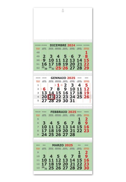 Calendario quadrittico 2025 per aziende in verde, rosso e nero